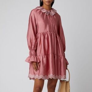 Stine Goya Daki Tiered Long Sleeve Hammered Satin Ruffle Dress Medium